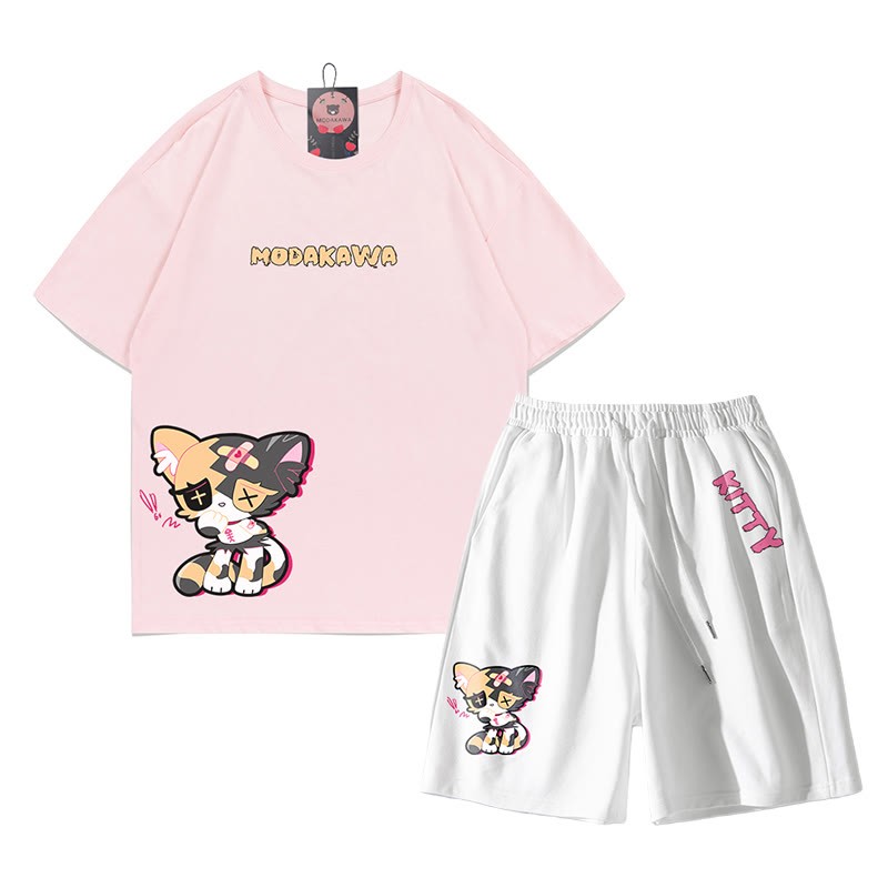 Sad Kitty Grafik Dark Aesthetic T-Shirt Shorts Zweiteiliges Set - Rosa&Weiß - C - 5XL - image 12