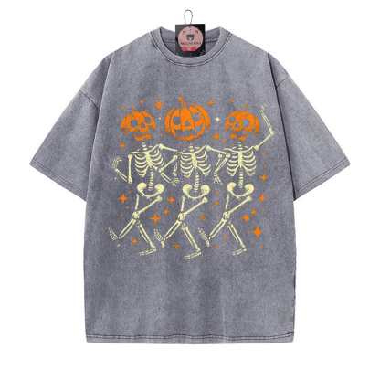 Kürbis-Tanzparty-Skelett-Halloween-Grafik Unisex Vintage Washed T-Shirt - Grau - 5XL - image 4