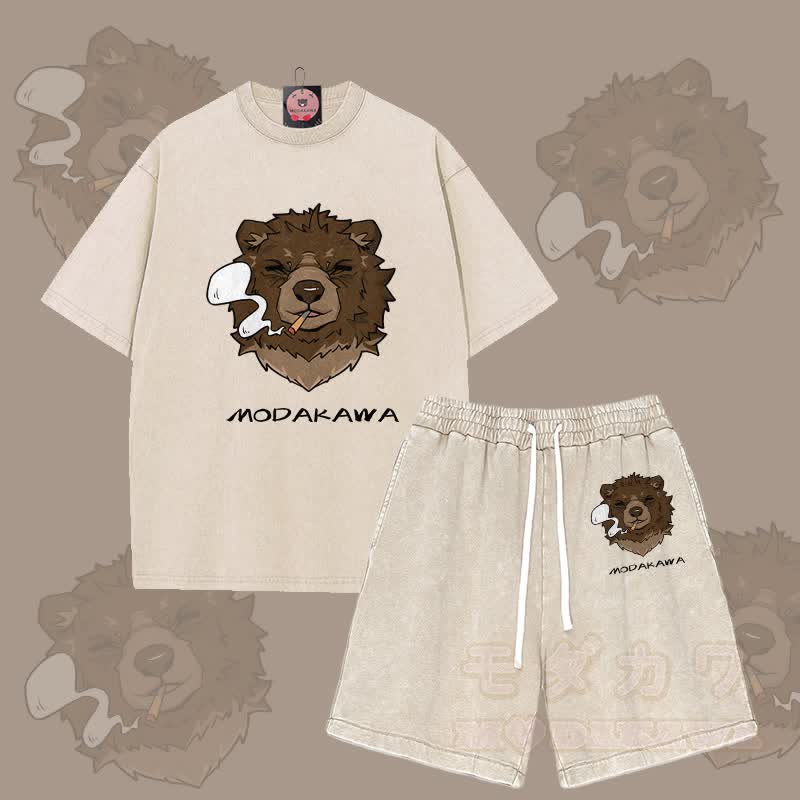 MODAKAWA Smoking Bear Grafik Vintage Washed T-Shirt Shorts Zweiteiliges Set - Aprikose - 3XL - image 3