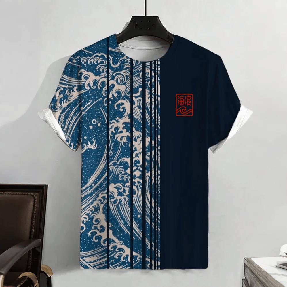 Lässiges Kurzarm-T-Shirt mit Farbblock-Grafik und Ozeanwelle - Black - 5XL - image 3