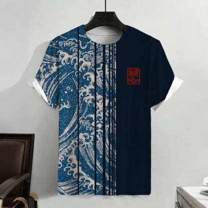 Lässiges Kurzarm-T-Shirt mit Farbblock-Grafik und Ozeanwelle - Black - 5XL - image 3