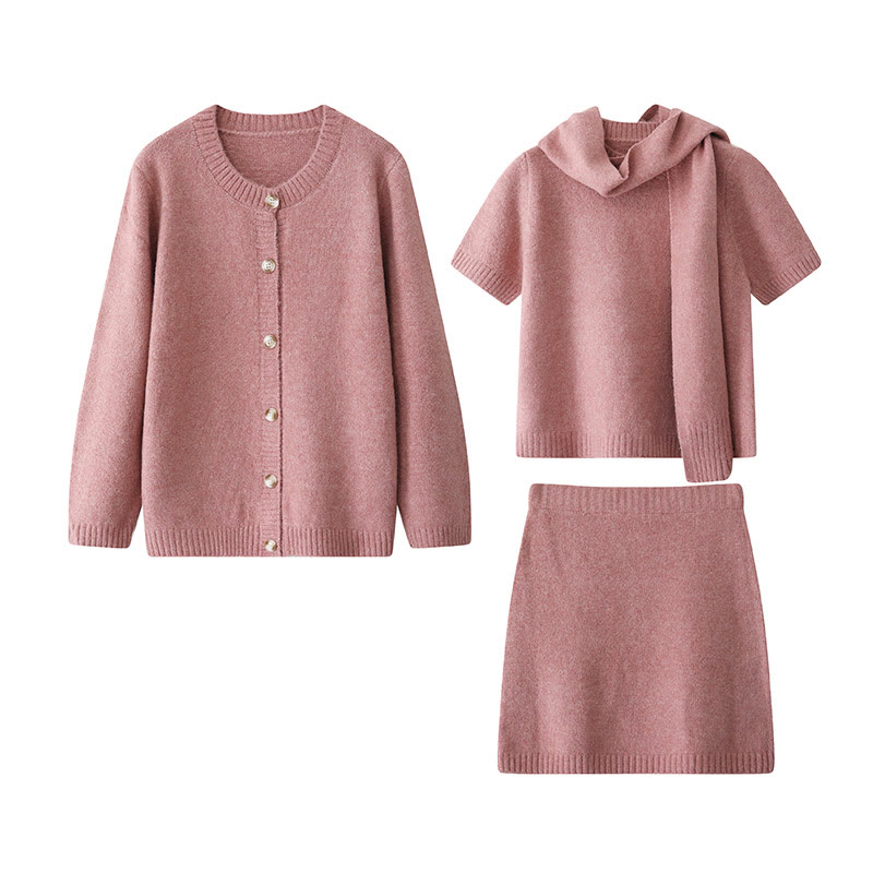 Strickoberteil, Schal, Rock, Strickjacke, vierteiliges Set - Rosa - L - image 3