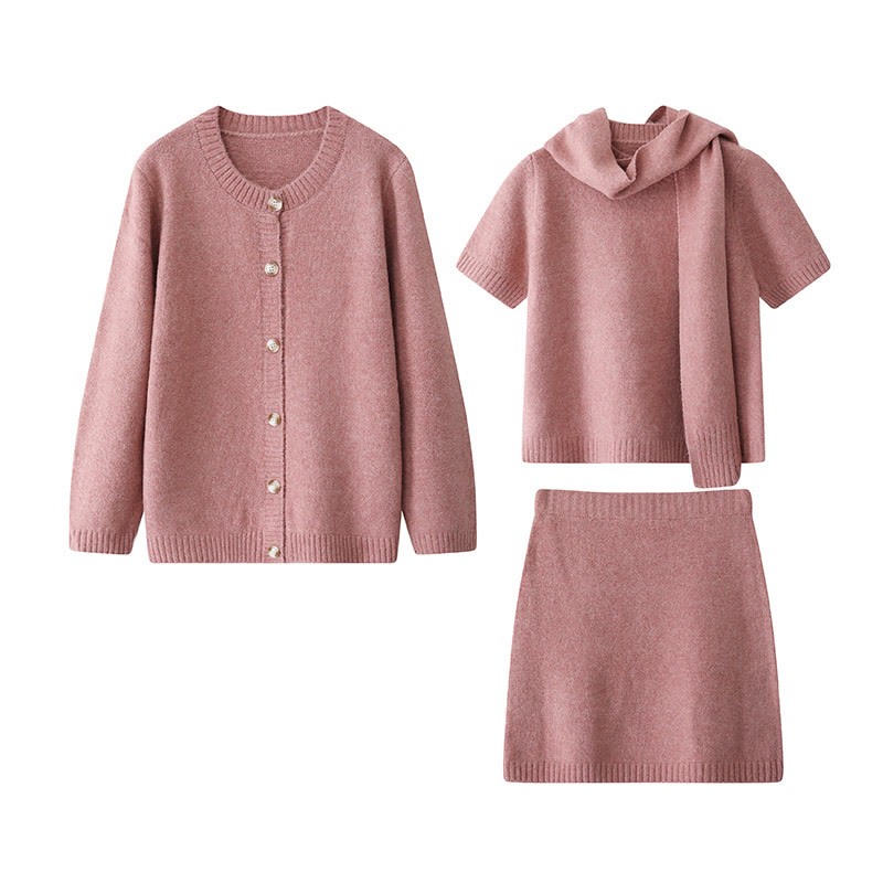 Strickoberteil, Schal, Rock, Strickjacke, vierteiliges Set - Rosa - L - image 3