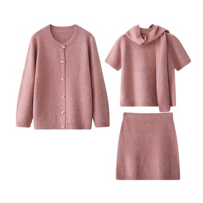 Strickoberteil, Schal, Rock, Strickjacke, vierteiliges Set - Rosa - L - image 3