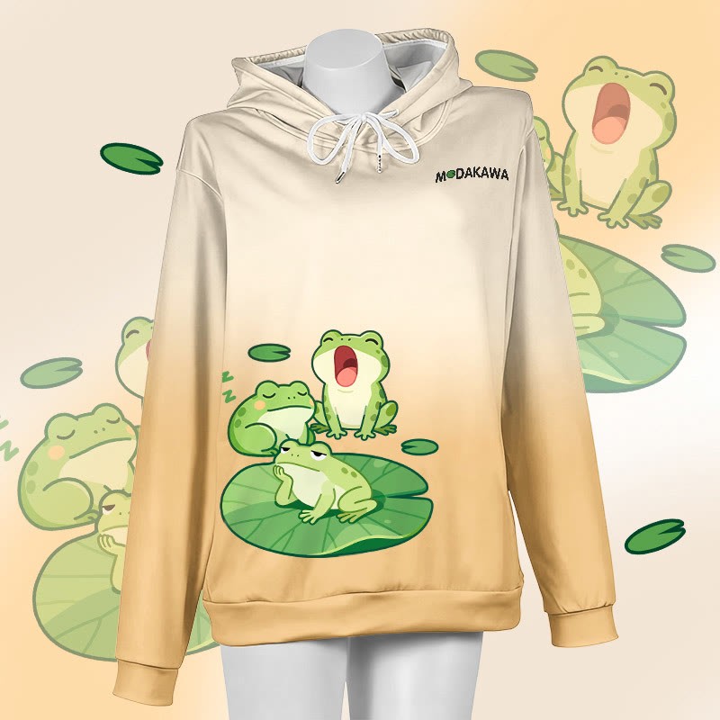 MODAKAWA Farbverlauf-Pullover-Hoodie mit Sleepy Frog-Grafik - White&Yellow - 6XL - image 4