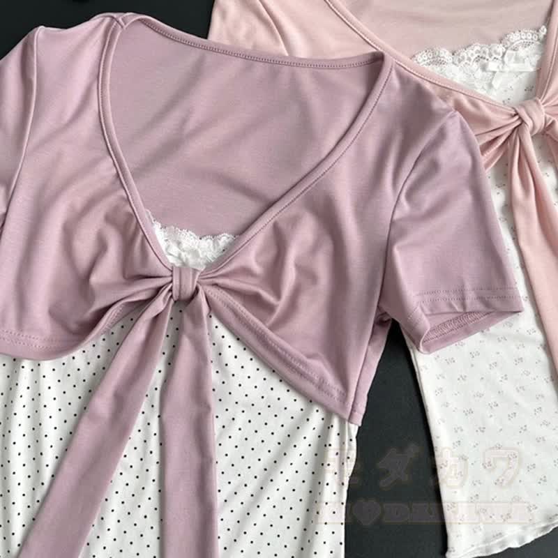 Zweiteiliges Set aus süßem Kurzarm-T-Shirt mit Schleife und Polka-Dots sowie einem Rock mit elastischem Bund - image 5