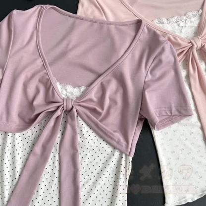 Zweiteiliges Set aus süßem Kurzarm-T-Shirt mit Schleife und Polka-Dots sowie einem Rock mit elastischem Bund - image 5