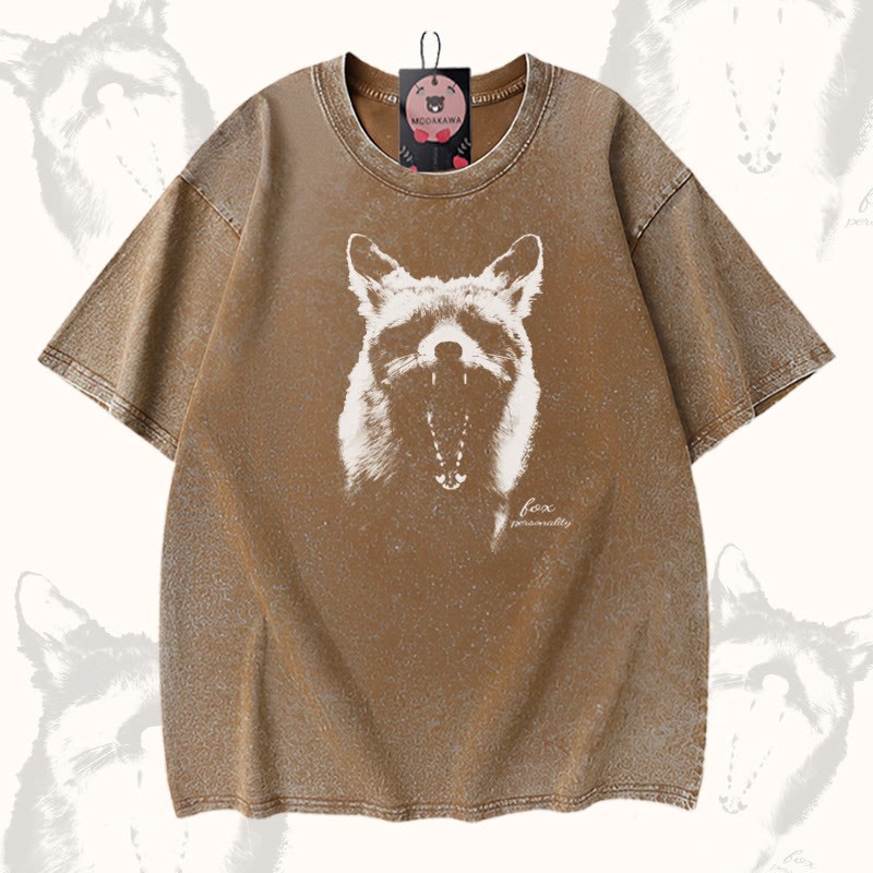 Modakawa Unisex Vintage Washed T-Shirt mit Roaring Fox Grafik - Brown - 5XL - image 3