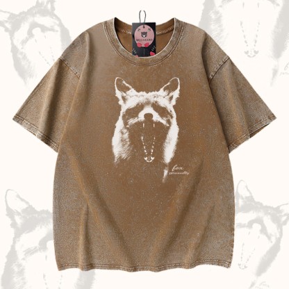 Modakawa Unisex Vintage Washed T-Shirt mit Roaring Fox Grafik - Brown - 5XL - image 3