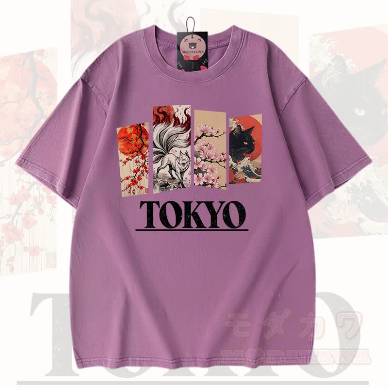 MODAKAWA Vintage TOKYO Fuchs-Kirschblüten-Katzenprint Kurzarm-T-Shirt - Lila - 3XL - image 7