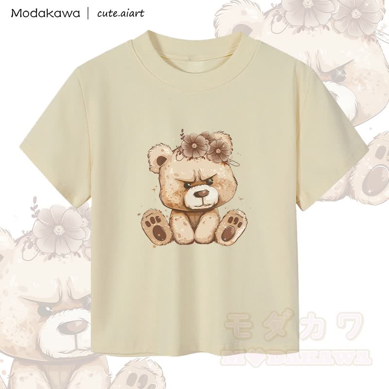MODAKAWA X cute.aiart Crop-Top für Damen mit Blumen- und Bärenmotiv, 92 % gekämmte Baumwolle - Aprikose - XL - image 3