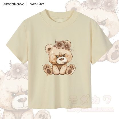 MODAKAWA X cute.aiart Crop-Top für Damen mit Blumen- und Bärenmotiv, 92 % gekämmte Baumwolle - Aprikose - XL - image 3