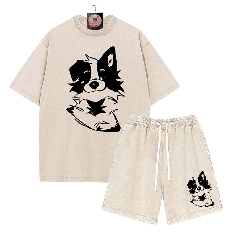 Zweiteiliges Set mit T-Shirt mit flauschiger Welpengrafik und verwaschenen Vintage-Shorts - Apricot - 3XL - image 4