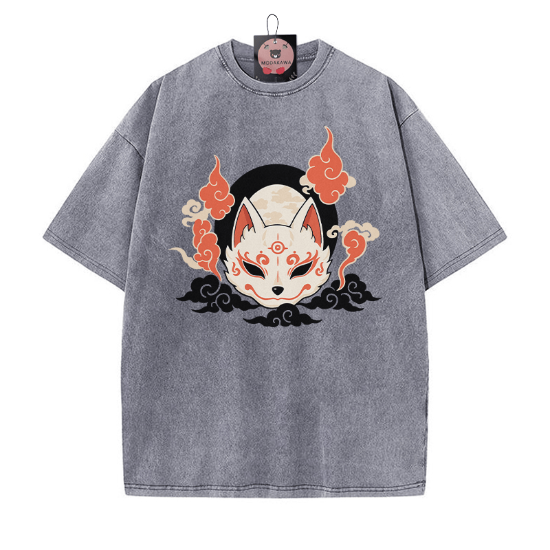 Mystic Fox Grafik Unisex Vintage Washed T-Shirt - Grau - 5XL - image 4