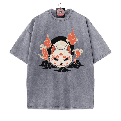 Mystic Fox Grafik Unisex Vintage Washed T-Shirt - Grau - 5XL - image 4