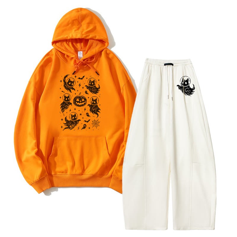 MODAKAWA Ghost Cat Pumpkin Hoodie Wide Leg Pants Zweiteiliges Set - Orange&White - 5XL - image 6