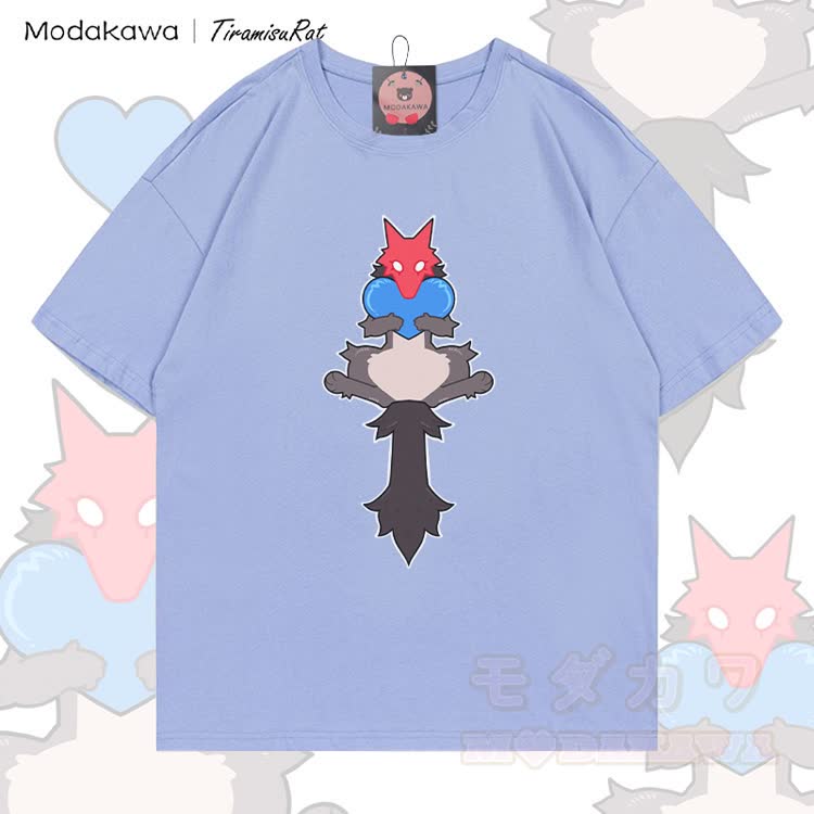 MODAKAWA X TiramisuRat Rat Heart Graphic 100% Cotton T-Shirt - Staubiges Blau - 5XL - image 3