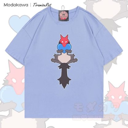 MODAKAWA X TiramisuRat Rat Heart Graphic 100% Cotton T-Shirt - Staubiges Blau - 5XL - image 3