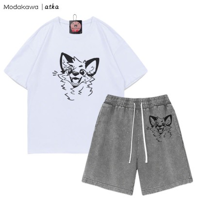 MODAKAWA X atka T-Shirt mit fröhlicher Fuchsgrafik und verwaschenen Vintage-Shorts, zweiteiliges Set - White&Grey - 3XL - image 6