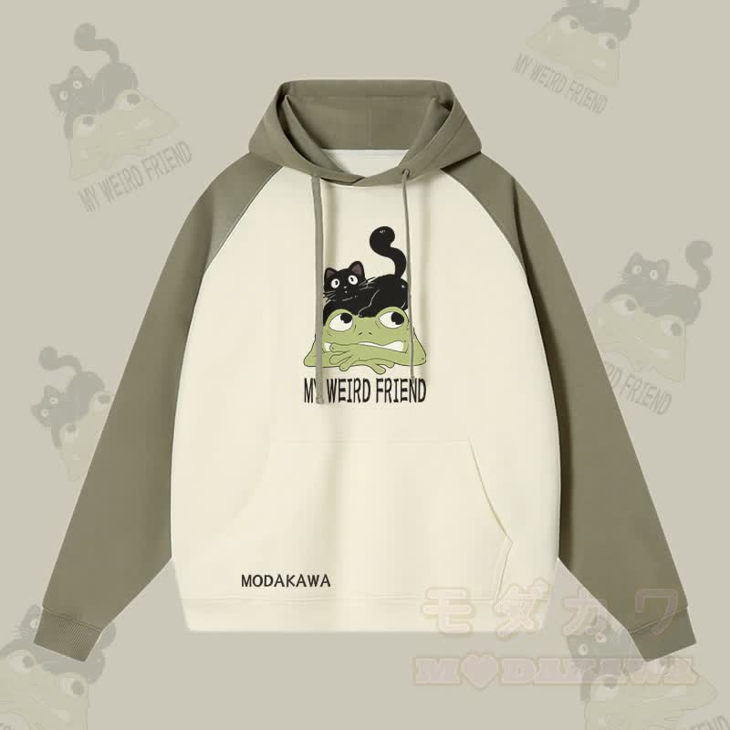 MY WEIRD FRIEND Streetwear-Kapuzenpullover mit schwarzer Katzen-Frosch-Grafik und Farben - Grün & Aprikose - 3XL - image 3