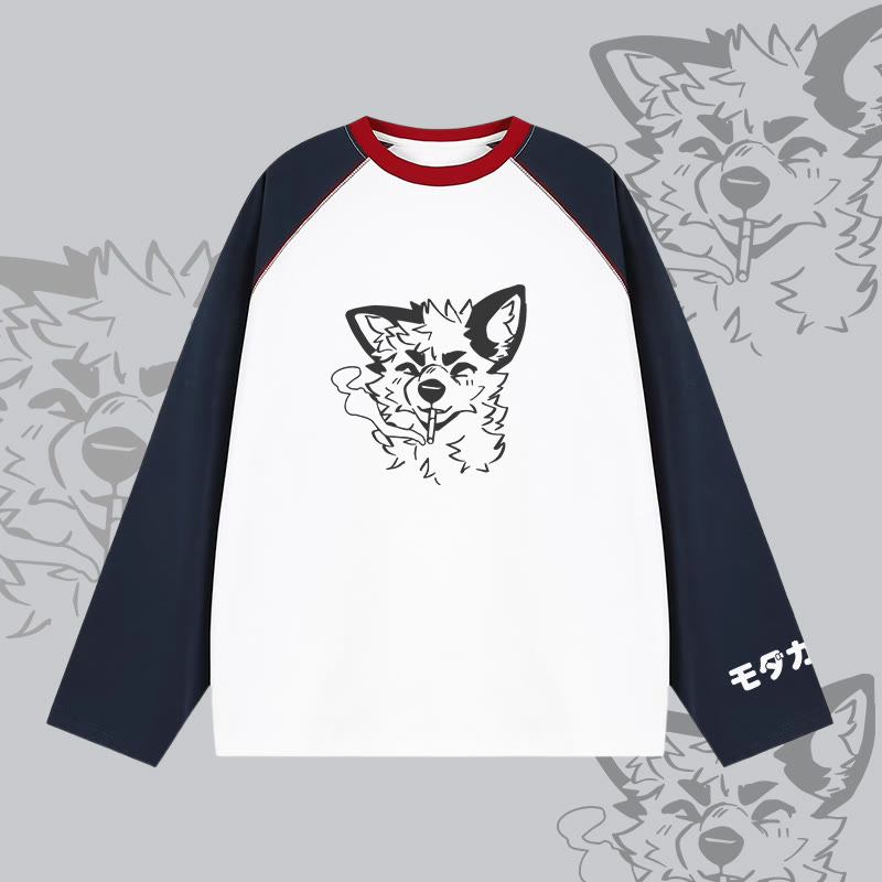 MODAKAWA X atka Smoking Fox Graphic Farben Block Raglan Langarm-T-Shirt - White - 2XL - image 4