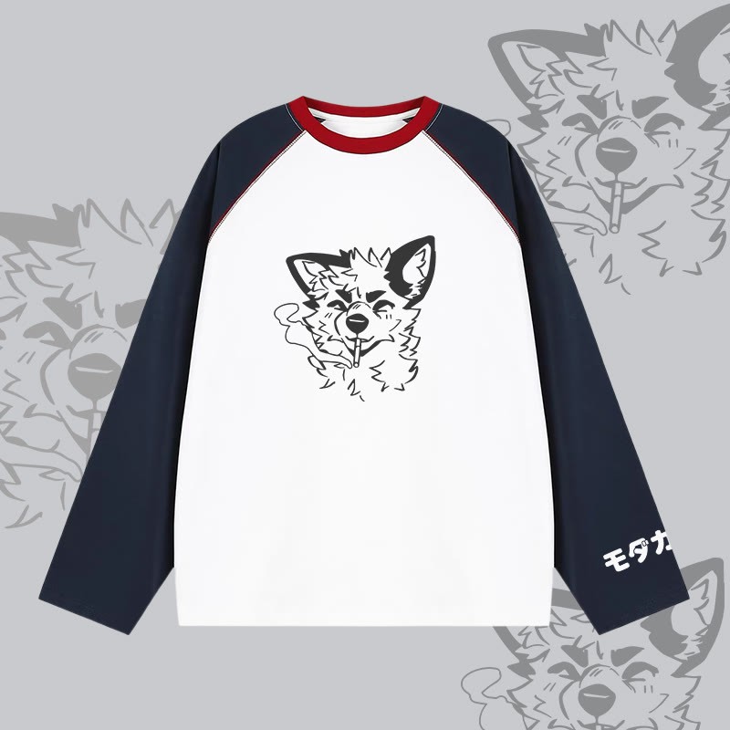 MODAKAWA X atka Smoking Fox Graphic Farben Block Raglan Langarm-T-Shirt - White - 2XL - image 4