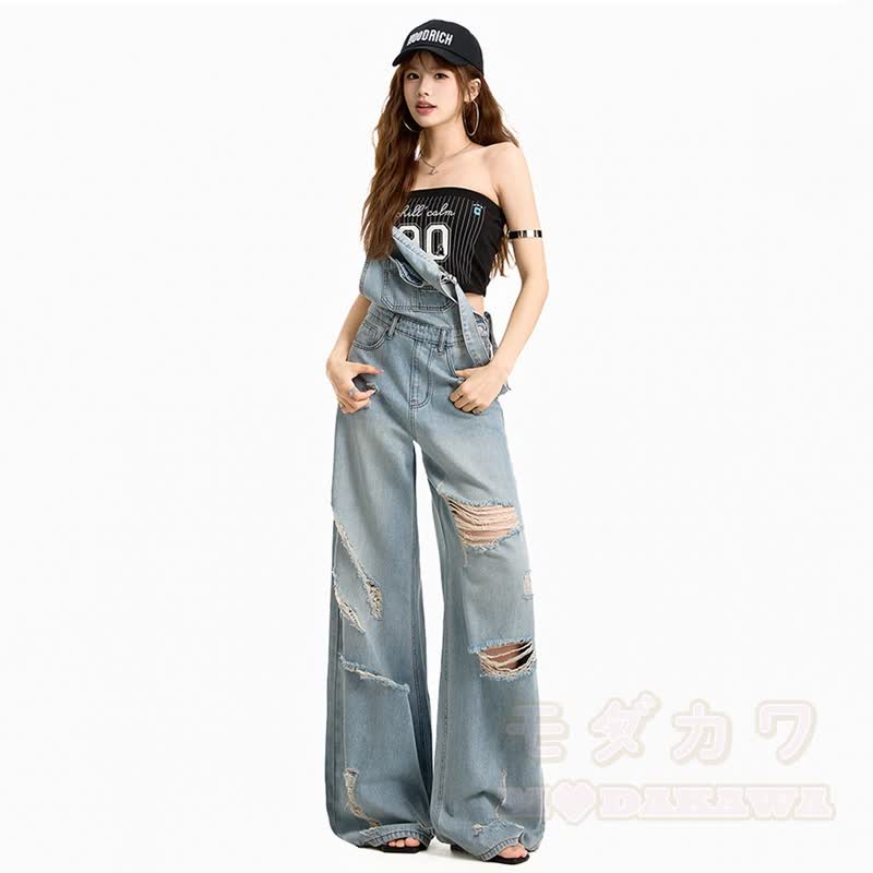 Vintage-Set aus kurzem Hoodie mit Katzenpfotenprint und zerrissener Jeanslatzhose - Blaue Latzhose - 3XL - image 9