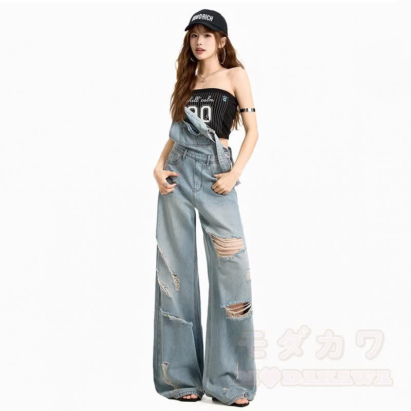 Vintage-Set aus kurzem Hoodie mit Katzenpfotenprint und zerrissener Jeanslatzhose - Blaue Latzhose - 3XL - image 9