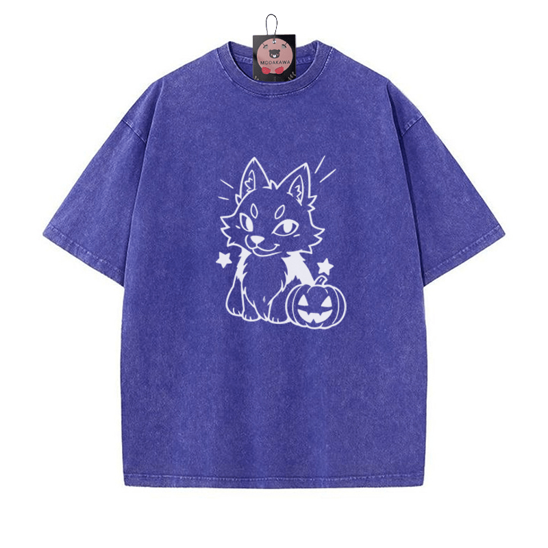 Verspieltes Fuchs-Kürbis-Grafik-Unisex-Vintage-Washed-T-Shirt - Blau - 5XL - image 3