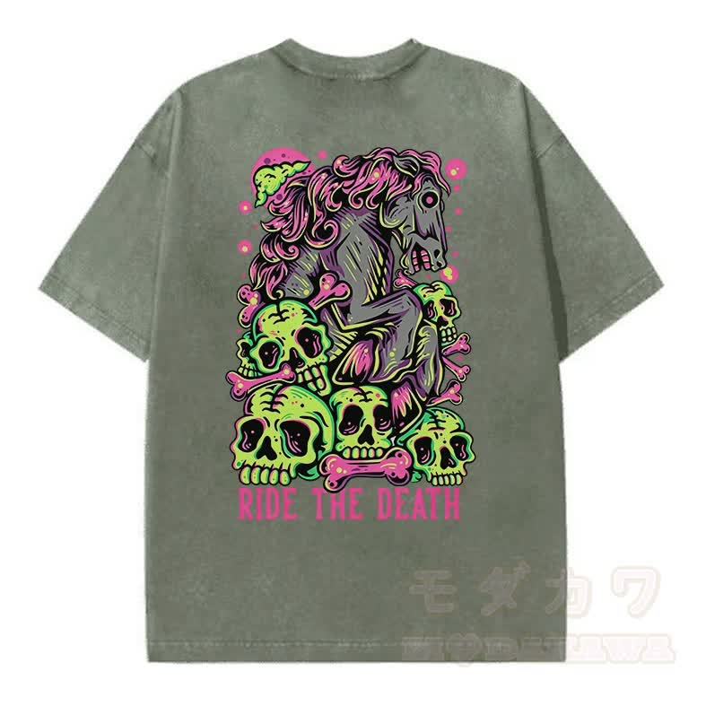 MODAKAWA RIDE THE DEATH Totenkopf-Grafik Vintage Washed T-Shirt - Dunkelgrün - 5XL - image 6