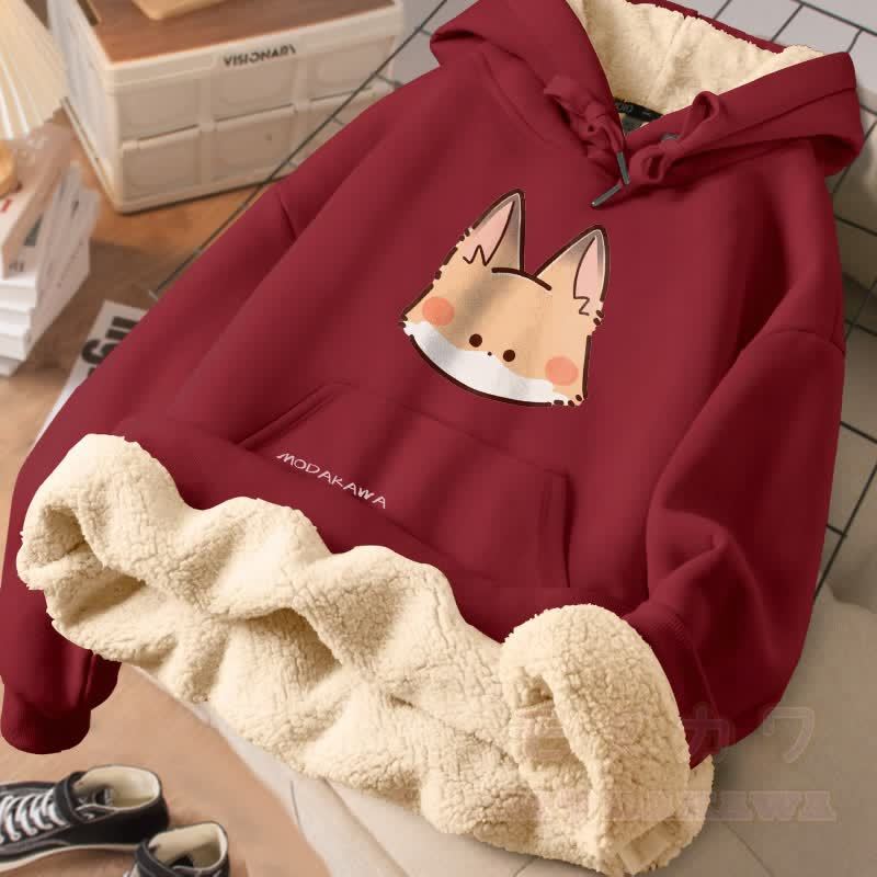 MODAKAWA Winterhoodie mit niedlichem Fuchsmotiv, dick gefüttert mit Fleece - Weinrot - 2XL - image 3