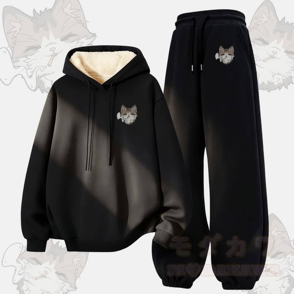 MODAKAWA Smoking Kitty Grafik – Zweiteiliges Set aus dick gefüttertem Hoodie und Hose mit Fleece-Futter - Schwarz - 5XL - image 3