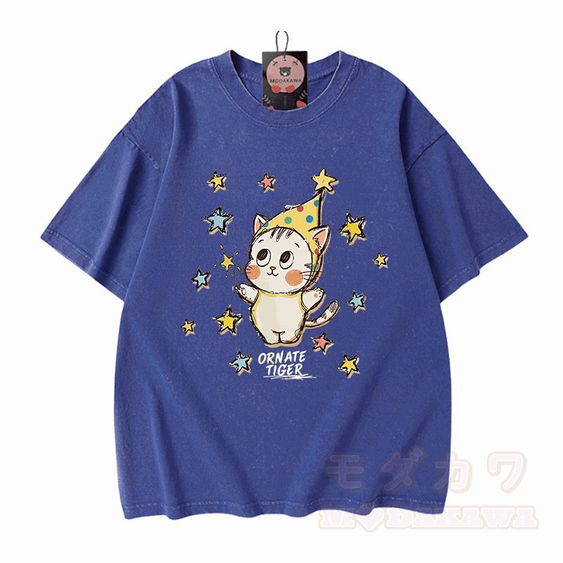 Verzierter Tiger, Stern-Tiger-Grafik, Modakawa Unisex Vintage Washed T-Shirt - Blau - 5XL - image 6
