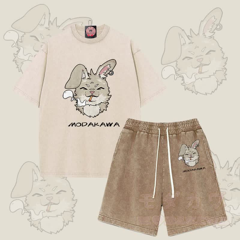 MODAKAWA Smoking Bunny Grafik Vintage Washed T-Shirt Shorts Zweiteiliges Set - Aprikose & Braun - 3XL - image 8