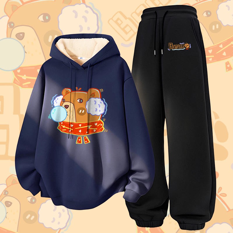 MODAKAWA Bubble Bear Graphic Zweiteiliges Set aus Kapuzenpullover und Hose mit dickem Fleecefutter und dickem Bärenmotiv - Purplish Blue&Black - 5XL - image 3