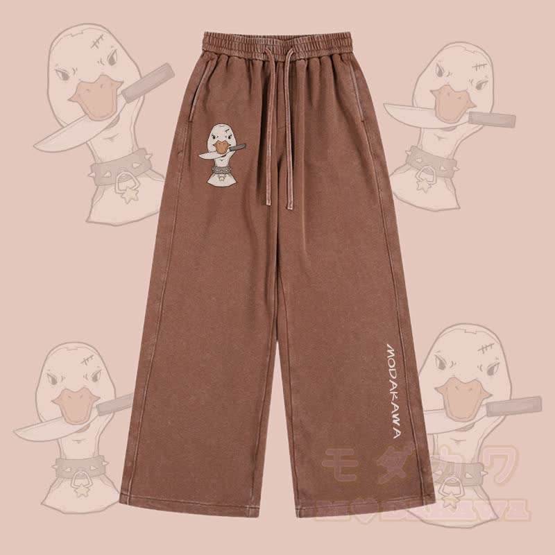 MODAKAWA Hose mit Gans- und Messermotiv im Vintage-Look, gewaschen, verstellbarer Saum - Braun - 2XL - image 3