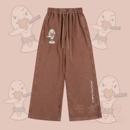 MODAKAWA Hose mit Gans- und Messermotiv im Vintage-Look, gewaschen, verstellbarer Saum - Braun - 2XL - image 3