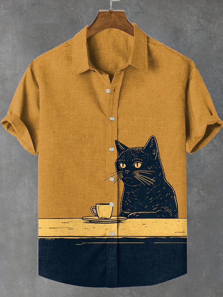 Schwarzes Katzen-Shirt mit Chilling Coffee-Kunstdruck - Khaki - 4XL - image 5