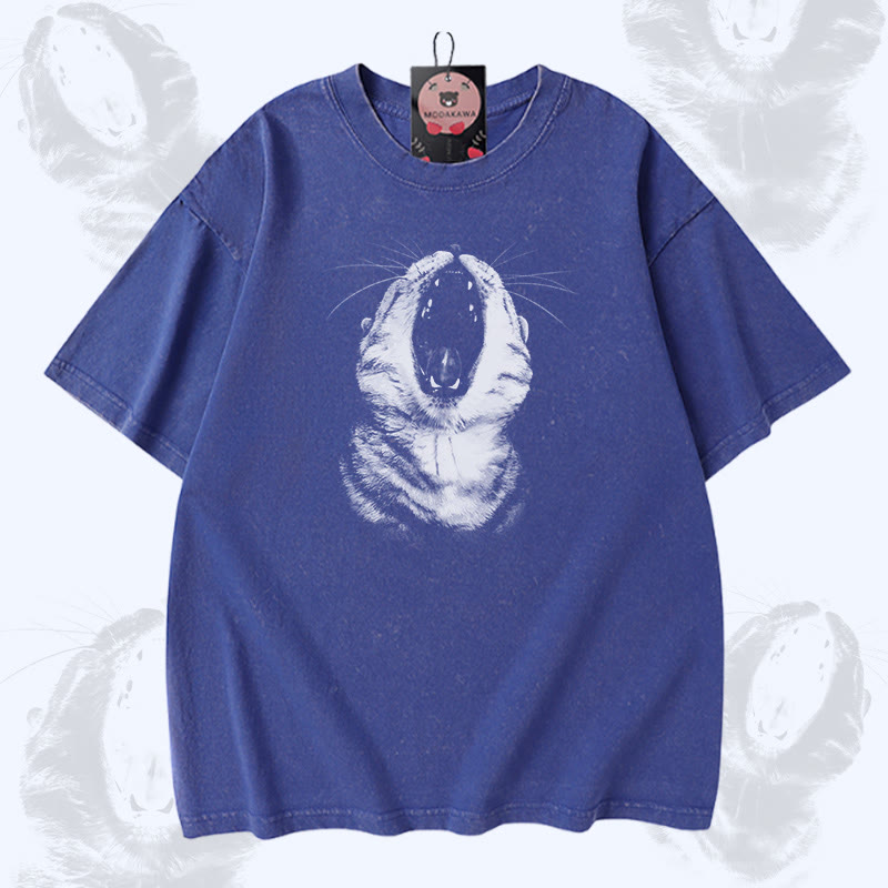 Modakawa Vintage T-Shirt mit Katzenmaul-Motiv, gewaschen aus 100 % Baumwolle - Blue - 5XL - image 4