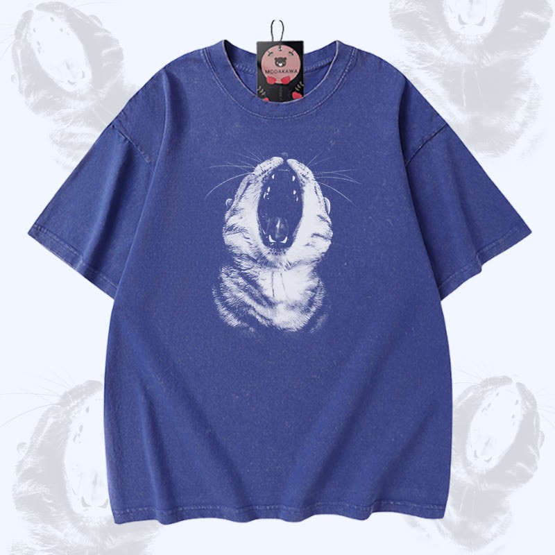 Modakawa Vintage T-Shirt mit Katzenmaul-Motiv, gewaschen aus 100 % Baumwolle - Blue - 5XL - image 4