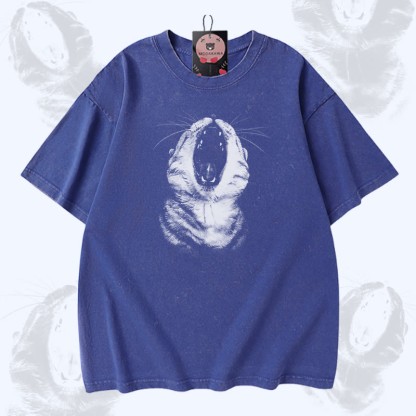 Modakawa Vintage T-Shirt mit Katzenmaul-Motiv, gewaschen aus 100 % Baumwolle - Blue - 5XL - image 4