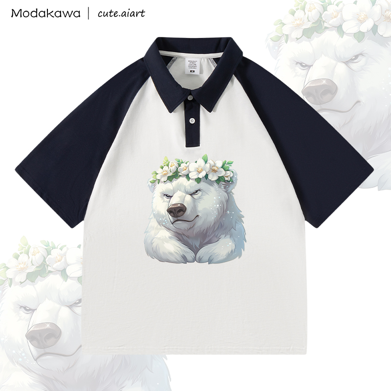 MODAKAWA X cute.aiart Floral Bear Graphic 100% Cotton POLO T-Shirt - White & Purplish Blue - 4XL - image 3