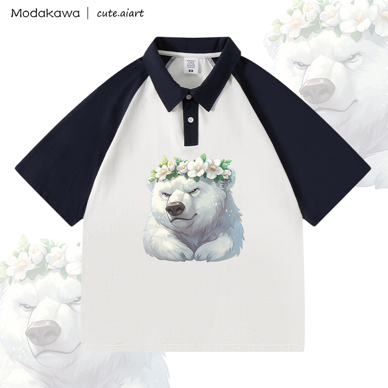 MODAKAWA X cute.aiart Floral Bear Graphic 100% Cotton POLO T-Shirt - White & Purplish Blue - 4XL - image 3