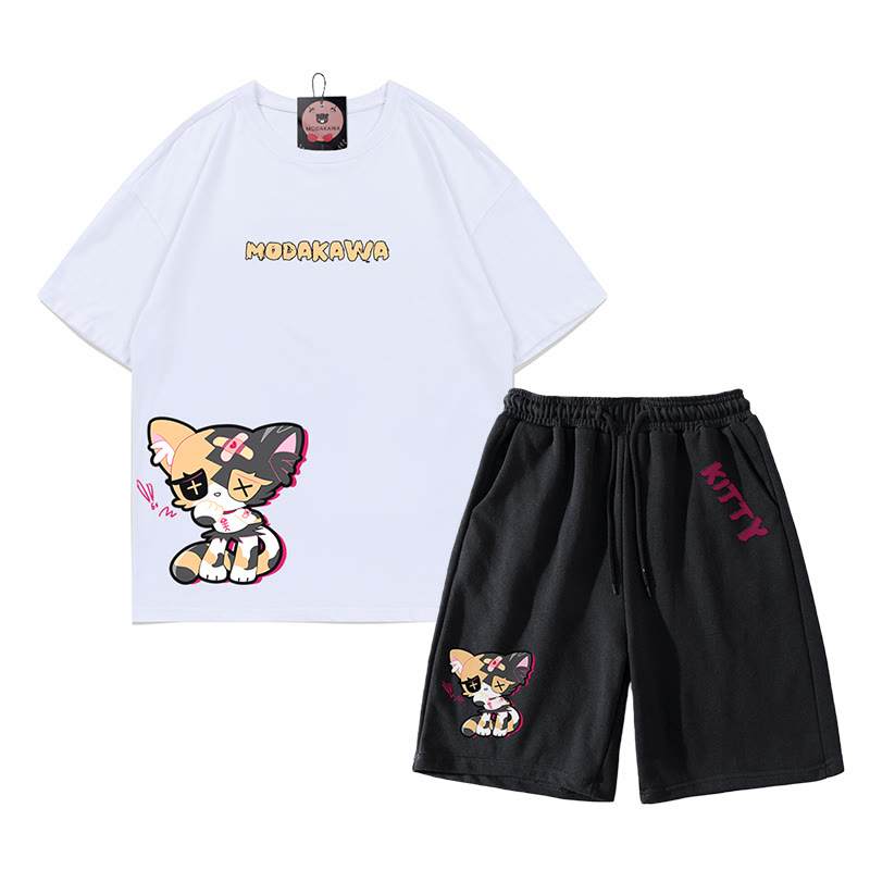 Sad Kitty Grafik Dark Aesthetic T-Shirt Shorts Zweiteiliges Set - Weiß&Schwarz - C - 5XL - image 3