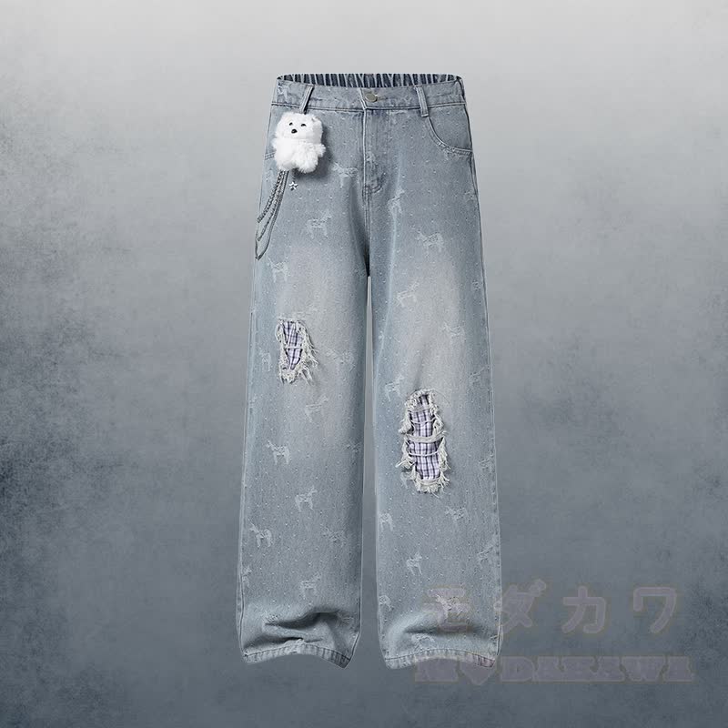 Krawatte mit Welpenstickerei, kariertes Hemd, 3D-Bärenkette, zerrissene Jeans, Modakawa-Partnerlook - Blaue Hose - XL - image 8