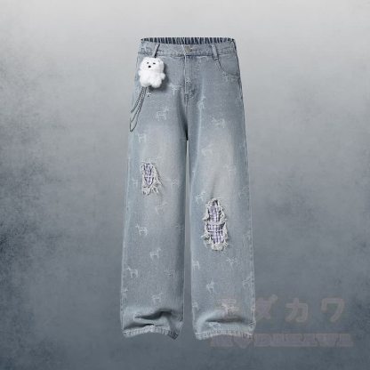 Krawatte mit Welpenstickerei, kariertes Hemd, 3D-Bärenkette, zerrissene Jeans, Modakawa-Partnerlook - Blaue Hose - XL - image 8