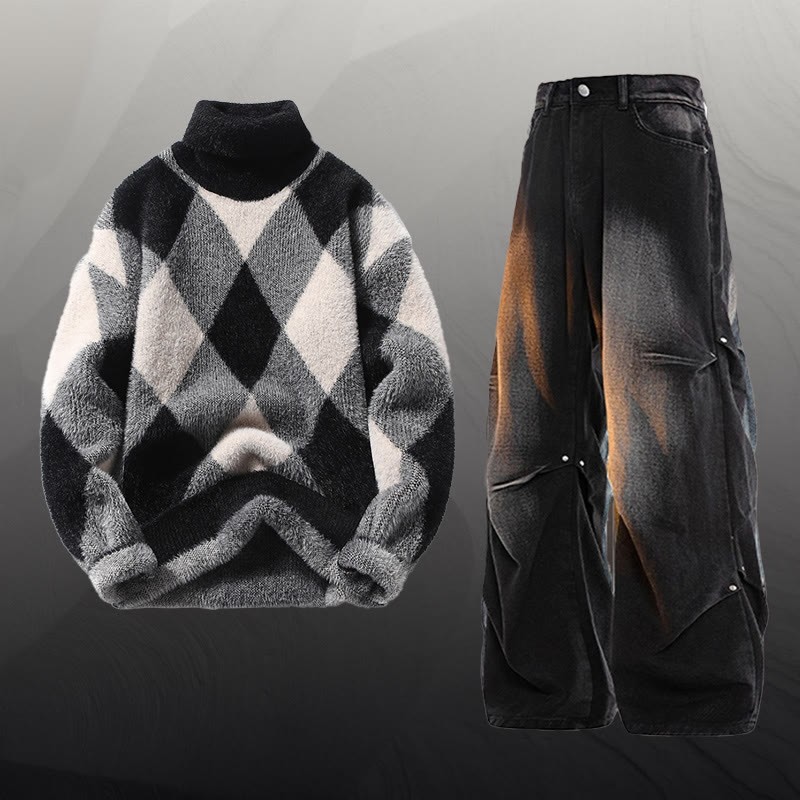 Zweiteiler aus kariertem, flauschigem Strickpullover und Jeans - Set E - 3XL - image 5