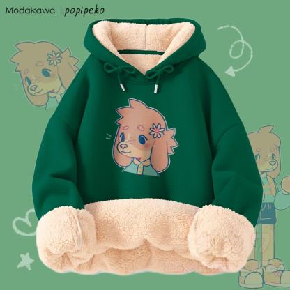 MODAKAWA X popipeko Niedlicher Welpen-Print Winterhoodie mit dickem Fleecefutter - Grün - 2XL - image 9