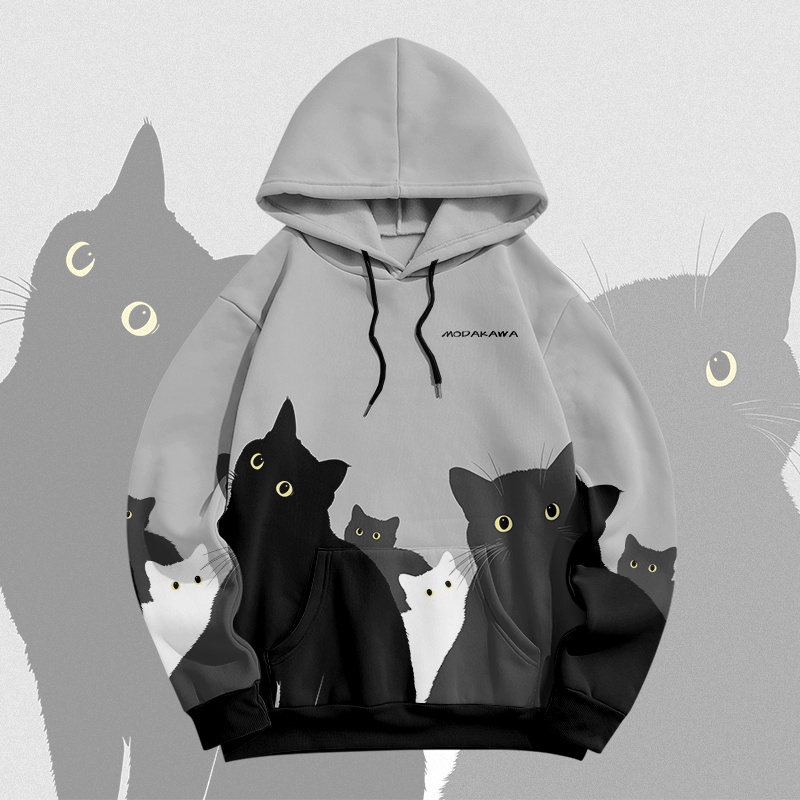 MODAKAWA Pullover-Hoodie mit Farben -Katzenmotiv und Allover-Print - Grey - 8XL - image 4