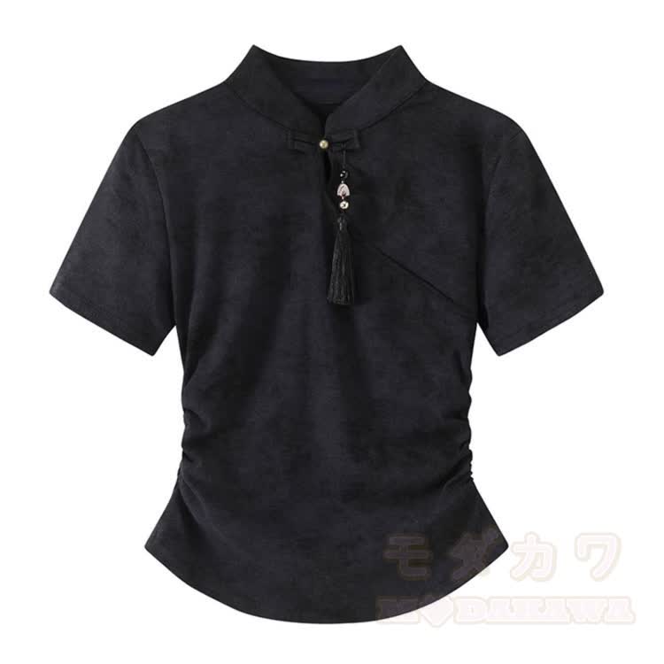 Women's Chinese Knot Tassel Top and Layered Wide Leg Pants - Black Top【Single】 - XL - image 6